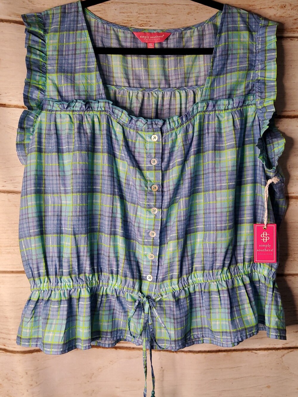 Simply Southern Blue and Green Plaid Ruffle-Trim Button Front Top